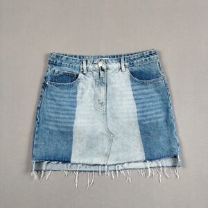 Tobi Denim Mini Skirt Two Tone Size 31 Raw Hem Light Distressing Blue